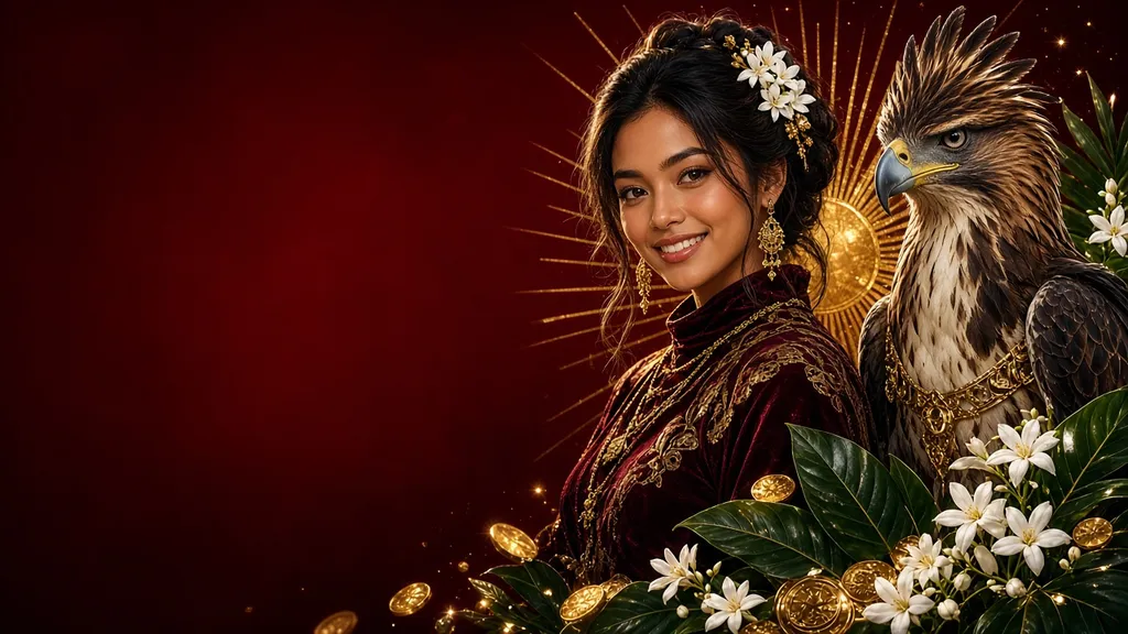Banner Server Philipina: model Filipina bersama elang Filipina dan bunga sampaguita