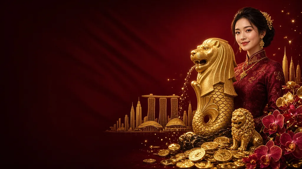 Banner Server Singapore: model Singapura bersama patung Merlion dan singa emas