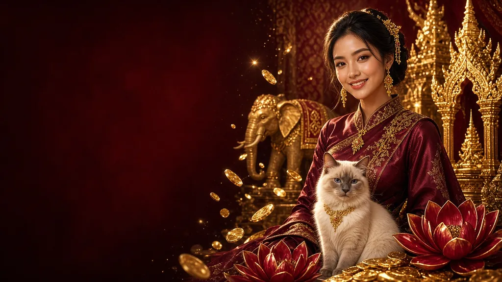 Banner Server Thailand: model Thailand bersama kucing Siam, ornamen kuil emas dan bunga teratai